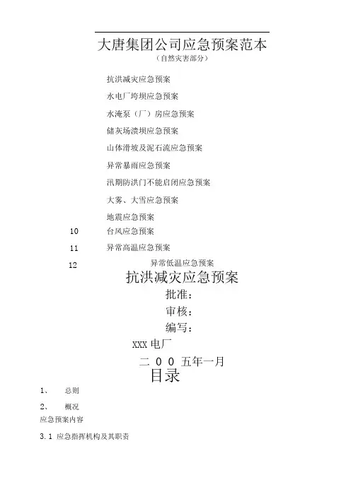 中国大唐集团公司应急预案范本自然灾害部分