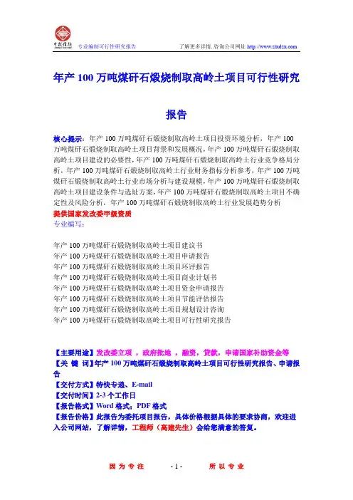 年产100万吨煤矸石煅烧制取高岭土项目可行性研究报告