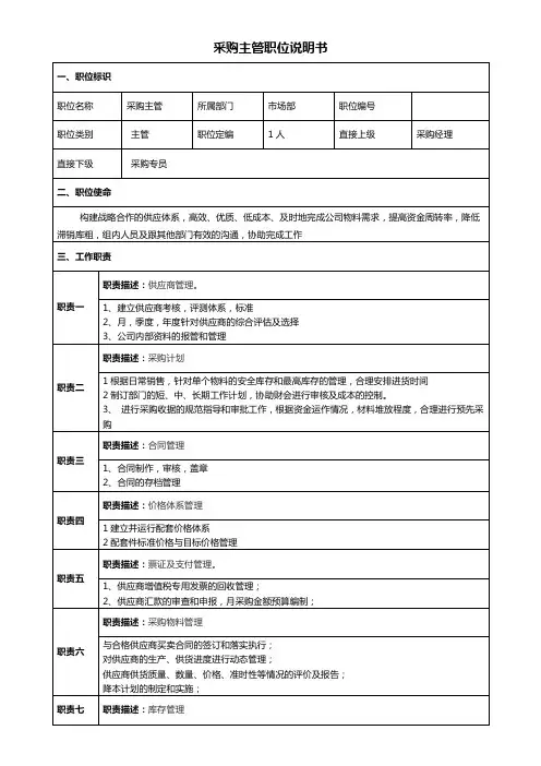 采购主管岗位说明书 