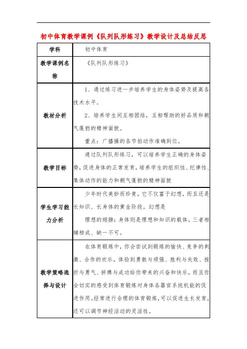 初中体育教学课例《队列队形练习》课程思政核心素养教学设计及总结反思