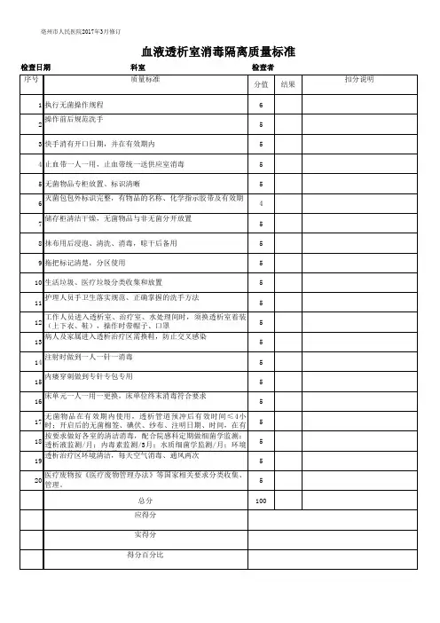 血液透析室护理质量检查标准