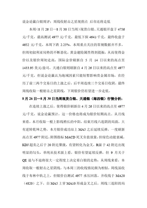说金论赢白银周评：周线收射击之星现拐点 后市还将走低