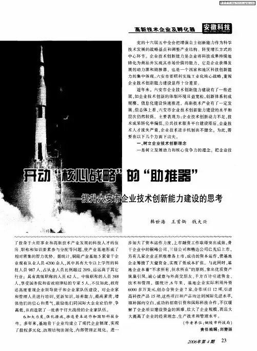 开动“核心战略”的“助推器”——提升六安市企业技术创新能力建设的思考