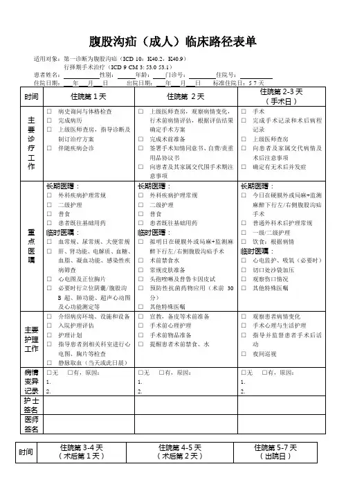 腹股沟疝(成人)临床路径表单