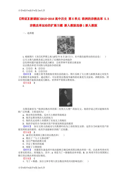 配套K12高中历史 第5单元 欧洲的宗教改革 5.3 宗教改革运动的扩展习题 新人教版选修1新人教版