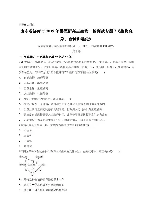 山东省济南市2019年暑假新高三生物一轮测试专题7《生物变异、育种和进化》(含答案)