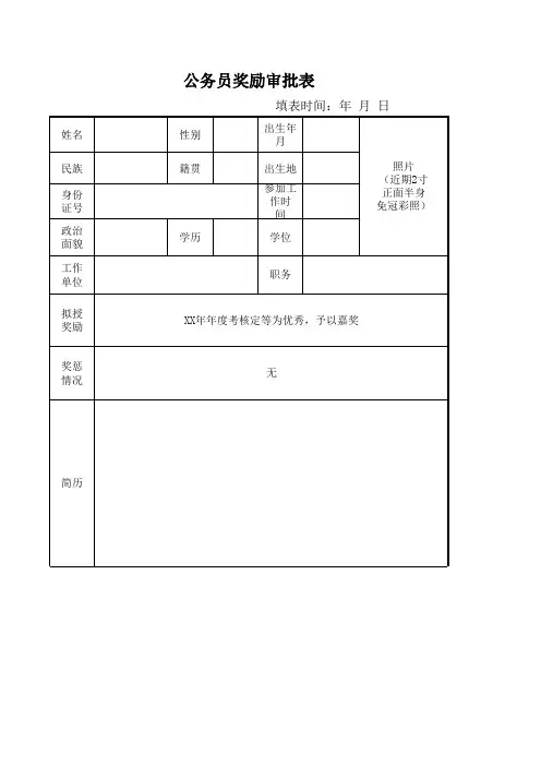 单位公务员、参照公务员考核优秀奖励审批表