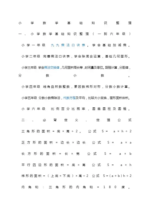 人教版小学一到六年级数学知识点归纳