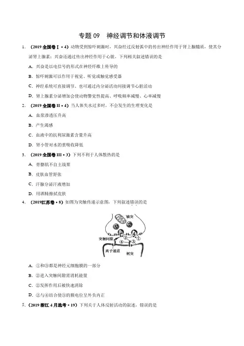 生物2019年高考真题和模拟题分项汇编专题09 神经调节与体液调节(原卷版)