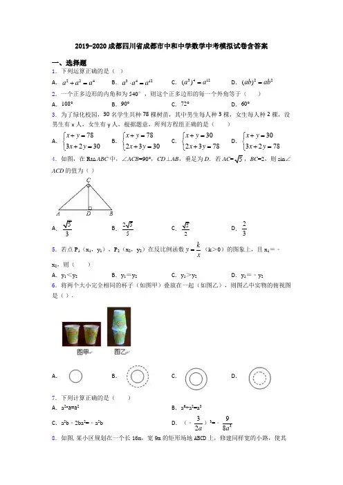 2019-2020成都四川省成都市中和中学数学中考模拟试卷含答案