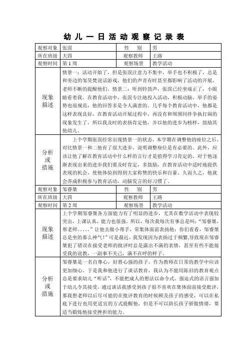 幼儿一日活动观察记录表