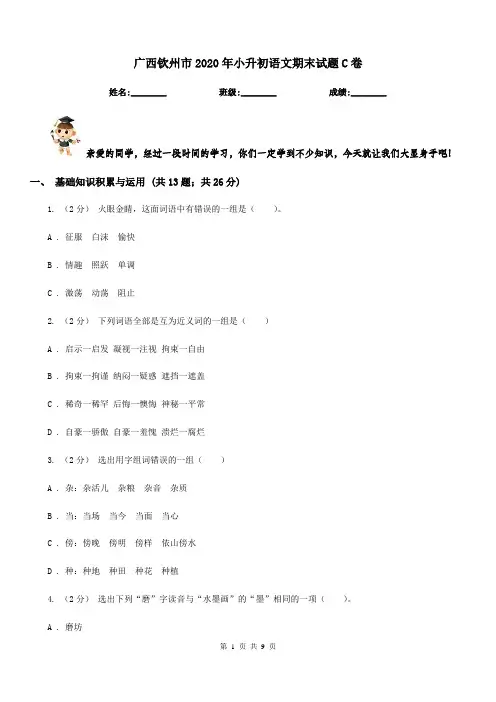 广西钦州市2020年小升初语文期末试题C卷