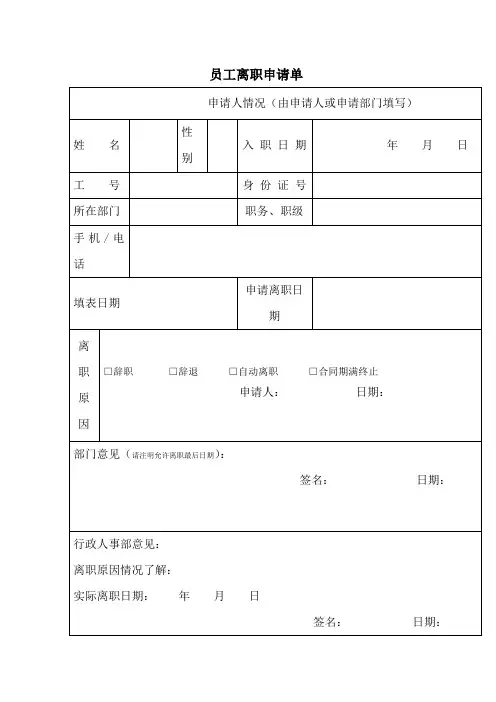 公司员工离职申请表
