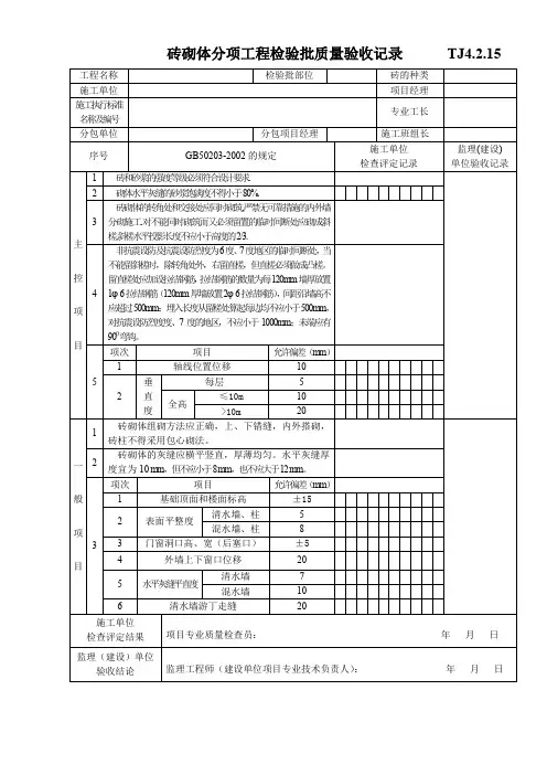 砖砌体分项工程检验批质量验收记录(001)