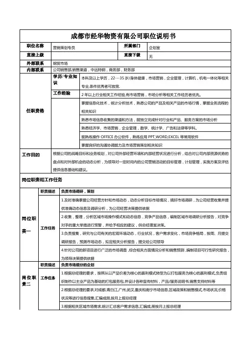 企划专员岗位职责2