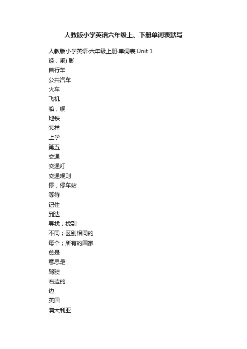 人教版小学英语六年级上、下册单词表默写