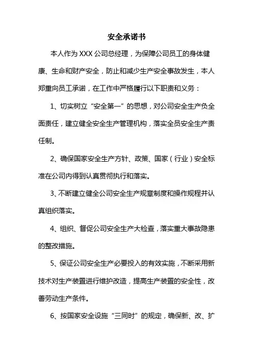 企业主要负责人安全承诺书