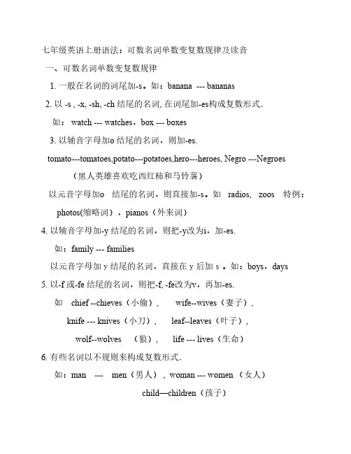 七年级英语上册语法(可数名 词复数变化规律)