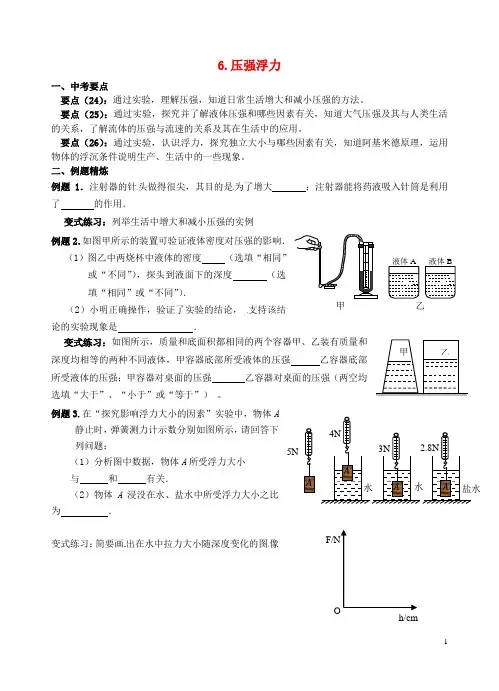 江苏省六合区竹镇民族中学2016届中考物理二轮复习6压强和浮力1(无答案)