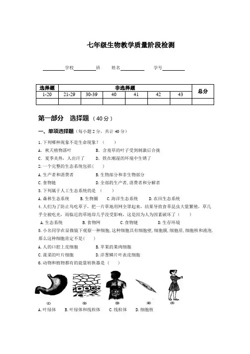 七年级上学期生物期末考试试卷附答案