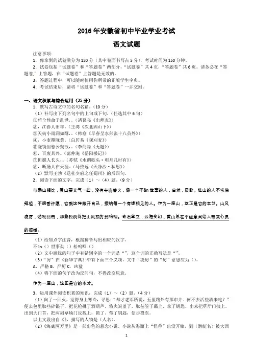 安徽省2016年中考语文试题及答案