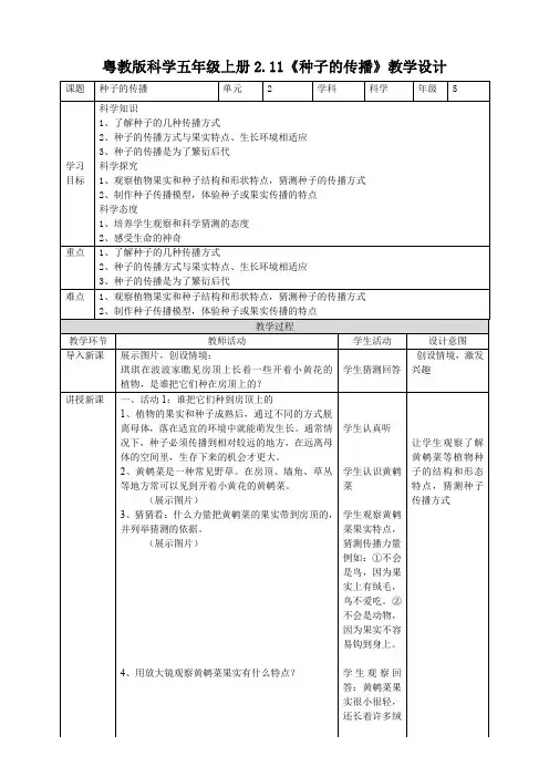 六年级上册科学教案-2.11《种子的传播》l 粤教版