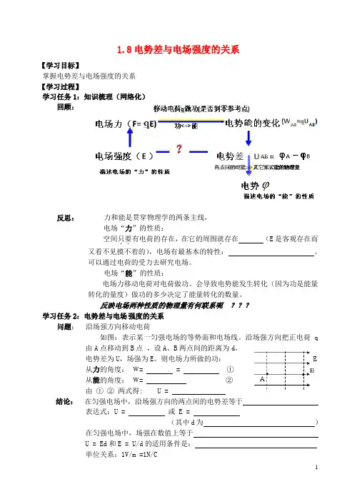 高中物理 第一章 静电场 1_8 电势差与电场强度的关系1学案(无答案)新人教版选修3-1