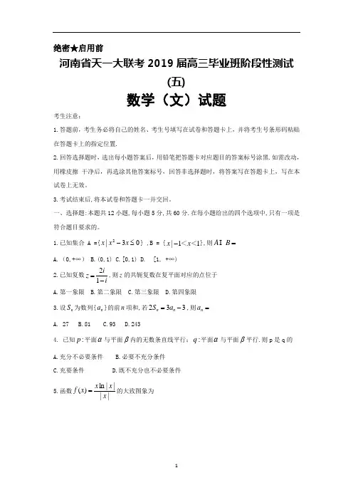 2019届河南省天一大联考高三第五次阶段性测试数学(文)试题及答案