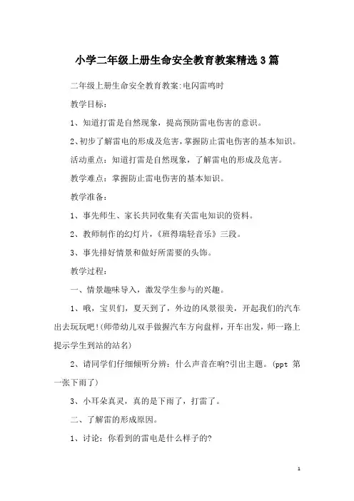 小学二年级上册生命安全教育教案精选3篇