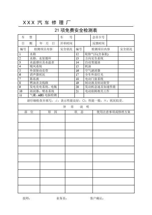 汽车厂检测表