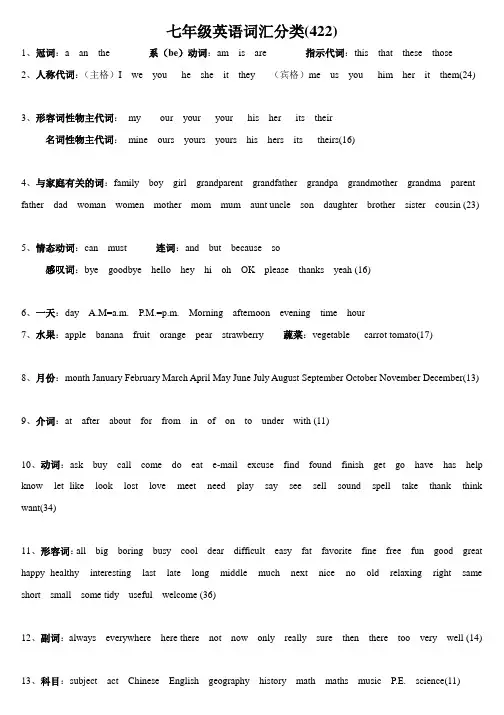 七年级英语词汇分类