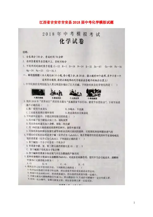 江西省吉安市吉安县2018届中考化学模拟试题 精