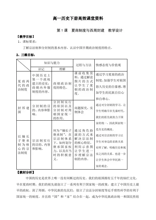 高一历史下册高效课堂资料必修一第1课夏商制度与西周封建