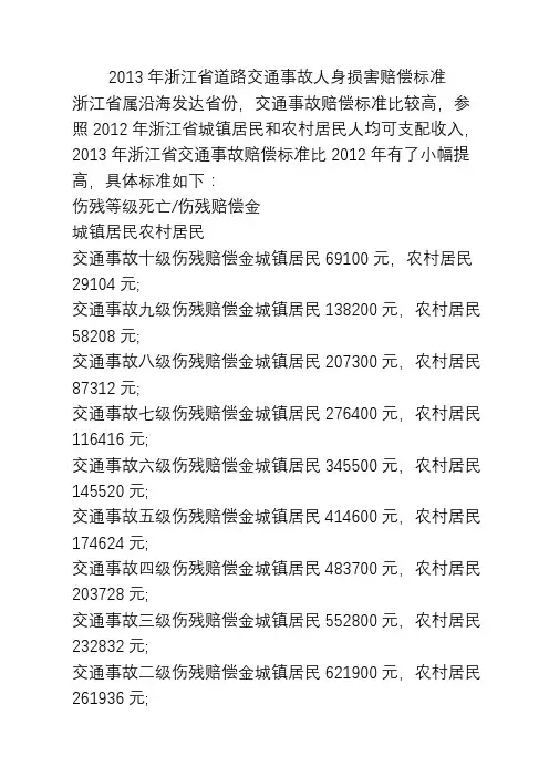 2013年浙江省道路交通事故人身损害赔偿标准