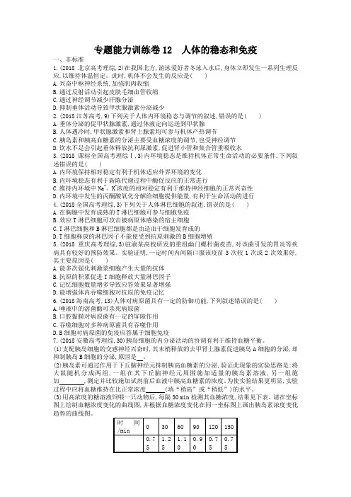 高三生物二轮复习：专题能力训练卷12《人体的稳态和免疫》及答案