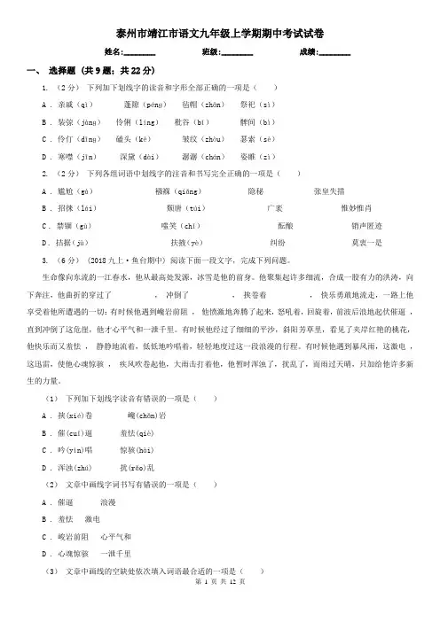 泰州市靖江市语文九年级上学期期中考试试卷