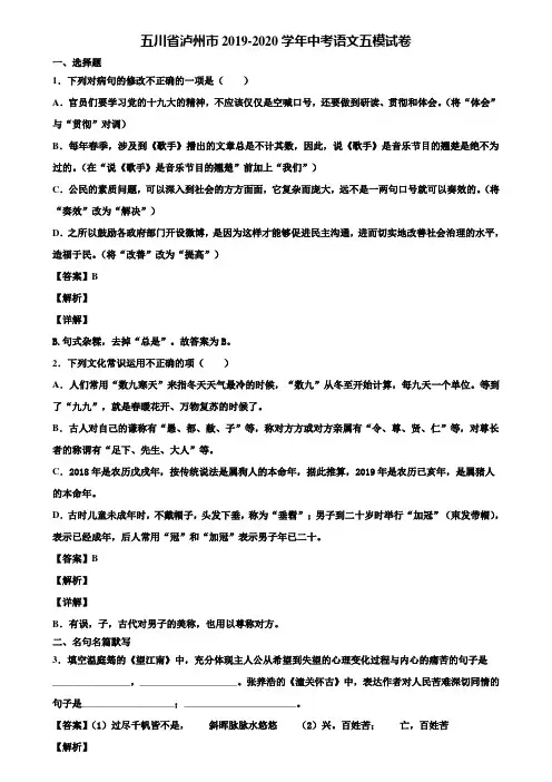 五川省泸州市2019-2020学年中考语文五模试卷含解析