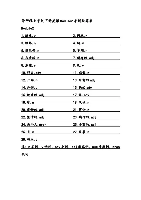 外研社七年级下册英语Module2单词默写表
