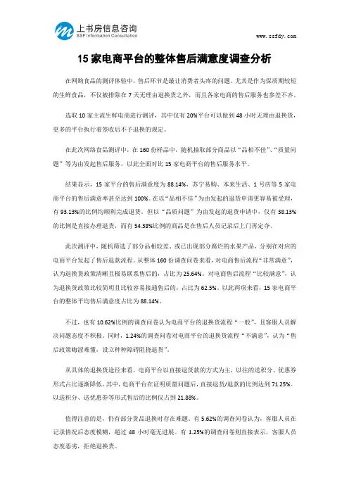 15家电商平台的整体售后满意度调查分析-上书房信息咨询