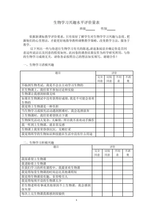 生物学习兴趣水平评价量表