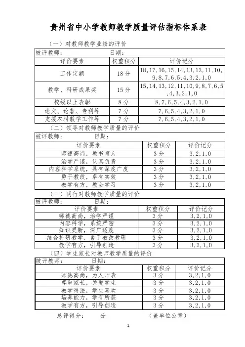 教学质量评估指标体系表