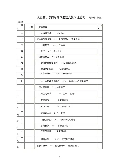 人教版小学四年级下册语文教学进度表