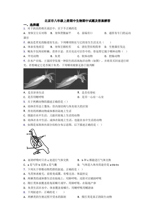 北京市八年级上册期中生物期中试题及答案解答
