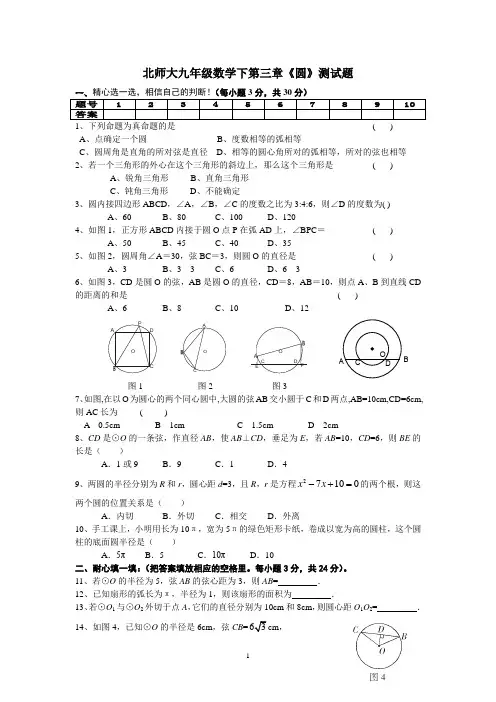北师大九年级数学下册第三章圆测试题