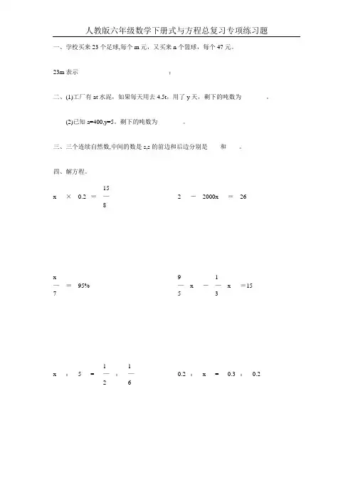 人教版六年级数学下册式与方程总复习专项练习题6