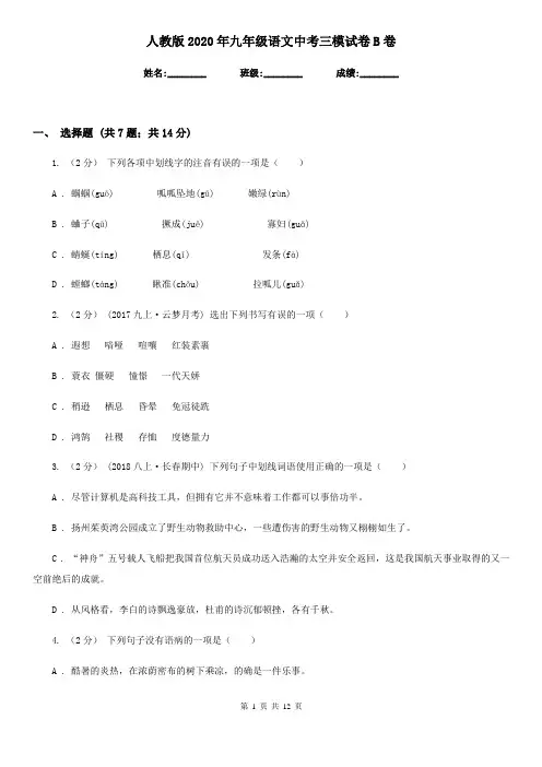 人教版2020年九年级语文中考三模试卷B卷