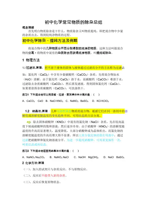 初中化学常见物质的除杂总结(可编辑修改word版)