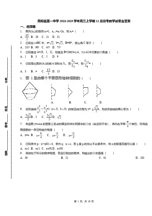 高阳县第一中学2018-2019学年高三上学期11月月考数学试卷含答案