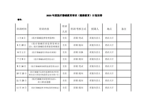 2020年度医疗器械教育培训(继续教育)计划安排