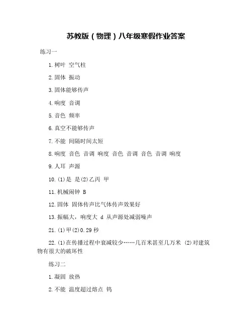 苏教版(物理)八年级寒假作业答案